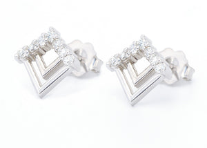 DIAMOND SHAPE 2 BAR EARRING STUDS WITH CUBIC ZIRCONIA'S - WHITE GOLD