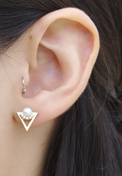 WHITE FRESHWATER CULTURED PEARL CZ EARRING STUDS- YELLOW GOLD