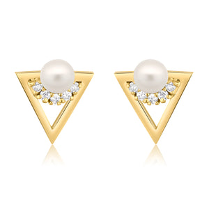 WHITE FRESHWATER CULTURED PEARL CZ EARRING STUDS- YELLOW GOLD