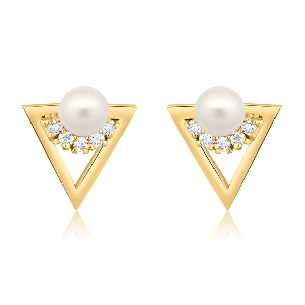 WHITE FRESHWATER CULTURED PEARL CZ EARRING STUDS- YELLOW GOLD