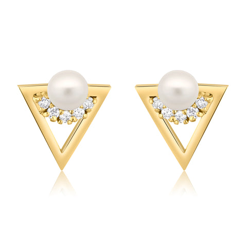 WHITE FRESHWATER CULTURED PEARL CZ EARRING STUDS- YELLOW GOLD